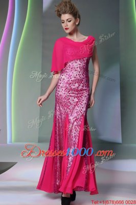 Mermaid Scoop Floor Length Hot Pink Prom Dresses Tulle Sleeveless Beading