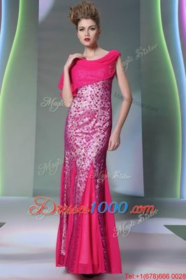 Mermaid Scoop Floor Length Hot Pink Prom Dresses Tulle Sleeveless Beading