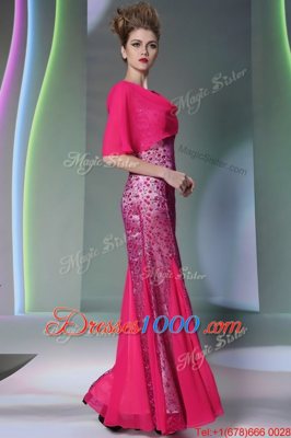 Mermaid Scoop Floor Length Hot Pink Prom Dresses Tulle Sleeveless Beading