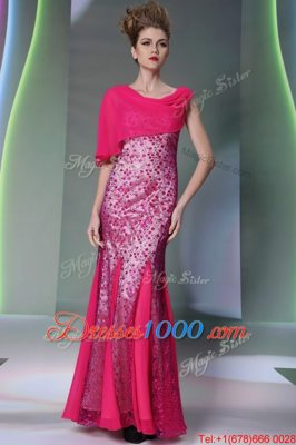 Mermaid Scoop Floor Length Hot Pink Prom Dresses Tulle Sleeveless Beading
