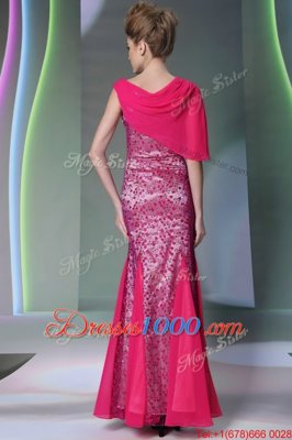Mermaid Scoop Floor Length Hot Pink Prom Dresses Tulle Sleeveless Beading