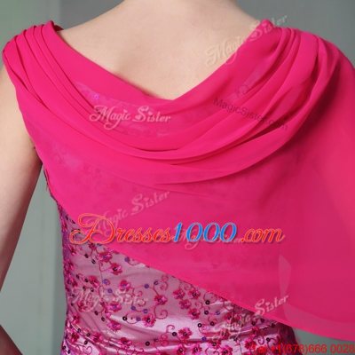 Mermaid Scoop Floor Length Hot Pink Prom Dresses Tulle Sleeveless Beading