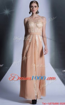 Fashion Scoop Floor Length Peach Prom Dresses Chiffon Sleeveless Lace