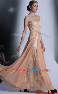 Fashion Scoop Floor Length Peach Prom Dresses Chiffon Sleeveless Lace