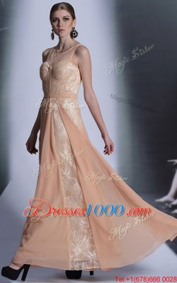 Fashion Scoop Floor Length Peach Prom Dresses Chiffon Sleeveless Lace