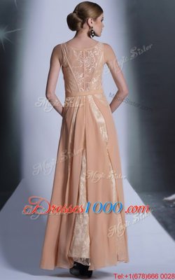 Fashion Scoop Floor Length Peach Prom Dresses Chiffon Sleeveless Lace