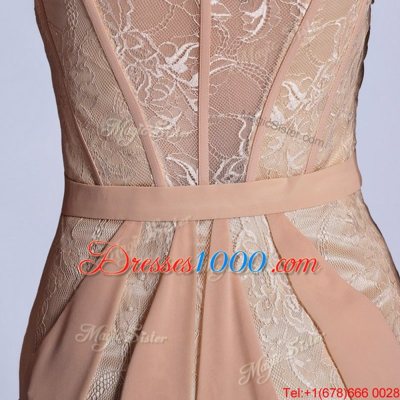 Fashion Scoop Floor Length Peach Prom Dresses Chiffon Sleeveless Lace