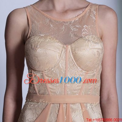 Fashion Scoop Floor Length Peach Prom Dresses Chiffon Sleeveless Lace