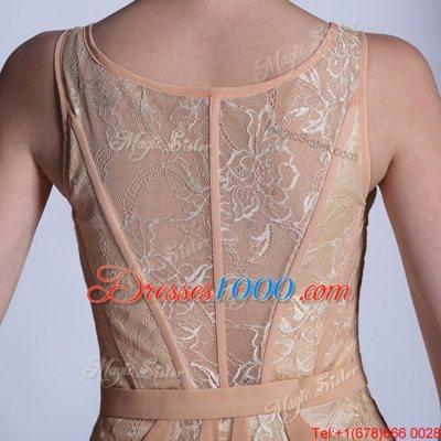 Fashion Scoop Floor Length Peach Prom Dresses Chiffon Sleeveless Lace