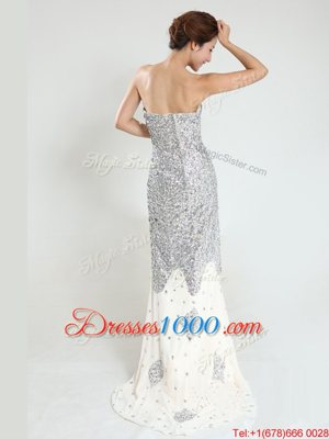 Chic Sequined Sweetheart Sleeveless Sweep Train Zipper Sequins Formal Dresses in Silver