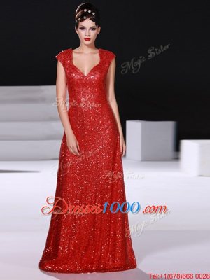 Trendy Red Sequined Zipper V-neck Sleeveless Floor Length Womens Evening Dresses Sequins