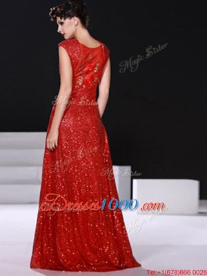 Trendy Red Sequined Zipper V-neck Sleeveless Floor Length Womens Evening Dresses Sequins