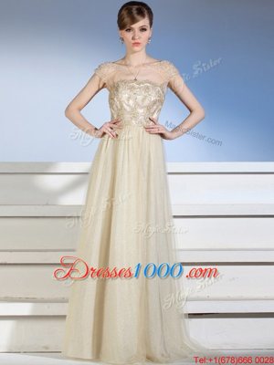 Gorgeous Champagne Column/Sheath Appliques Formal Evening Gowns Side Zipper Chiffon and Tulle Sleeveless Floor Length