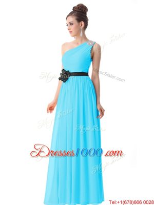 Fabulous One Shoulder Blue Sleeveless Beading and Ruching and Belt Floor Length Prom Dress