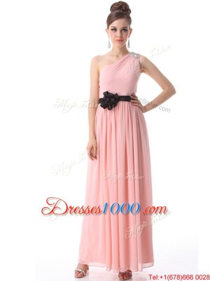 Fabulous One Shoulder Blue Sleeveless Beading and Ruching and Belt Floor Length Prom Dress