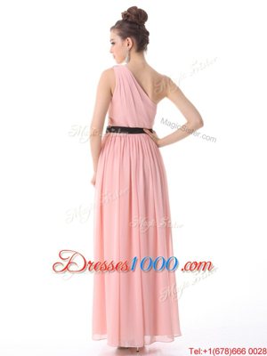 Fabulous One Shoulder Blue Sleeveless Beading and Ruching and Belt Floor Length Prom Dress