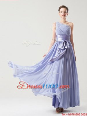 One Shoulder Chiffon Sleeveless Floor Length Homecoming Party Dress and Ruching and Bowknot