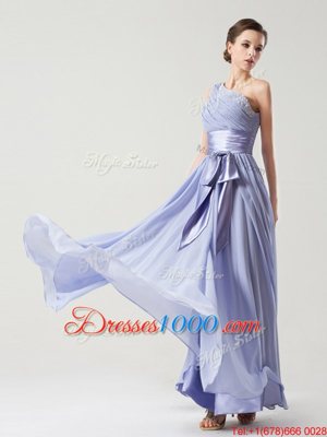 One Shoulder Chiffon Sleeveless Floor Length Homecoming Party Dress and Ruching and Bowknot