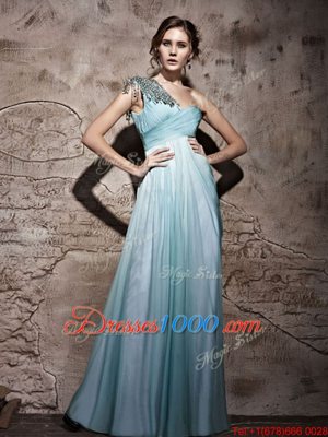 Captivating One Shoulder Beading and Ruching Womens Evening Dresses Light Blue Side Zipper Sleeveless Floor Length