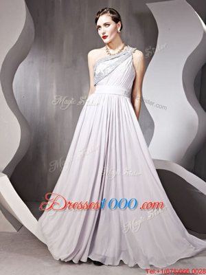 One Shoulder Sleeveless Side Zipper Prom Gown Silver Chiffon