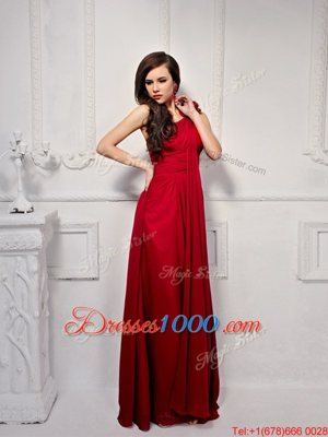 Cute Empire Prom Party Dress Wine Red One Shoulder Chiffon Sleeveless Floor Length Side Zipper