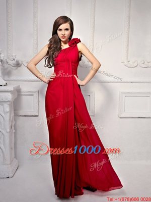 Cute Empire Prom Party Dress Wine Red One Shoulder Chiffon Sleeveless Floor Length Side Zipper