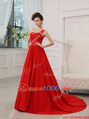 Custom Made One Shoulder Red Silk Like Satin Zipper Homecoming Dress Sleeveless Court Train Beading and Ruching