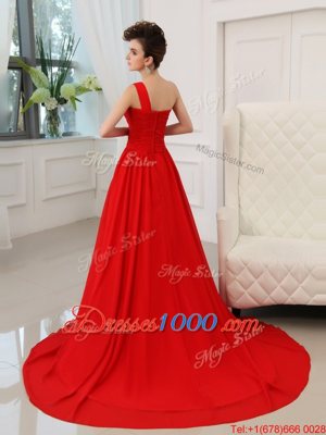 Custom Made One Shoulder Red Silk Like Satin Zipper Homecoming Dress Sleeveless Court Train Beading and Ruching