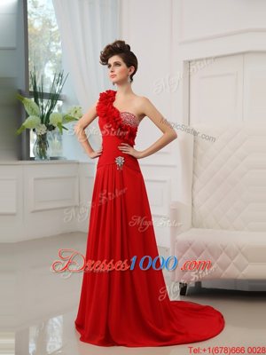 One Shoulder Sleeveless With Train Court Train Beading and Hand Made Flower Red Satin