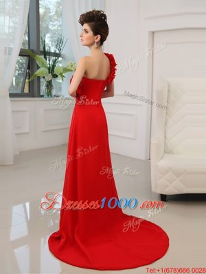 One Shoulder Sleeveless With Train Court Train Beading and Hand Made Flower Red Satin