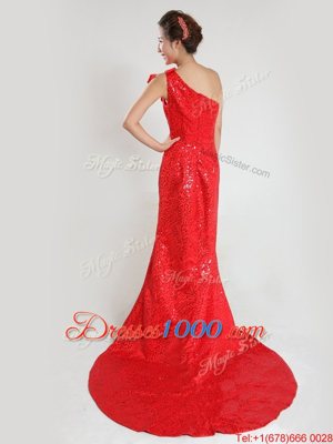 Coral Red One Shoulder Neckline Sequins and Bowknot Prom Dress Sleeveless Zipper