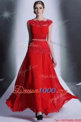 Clearance Scalloped Sleeveless Prom Party Dress Floor Length Beading and Lace Red Chiffon