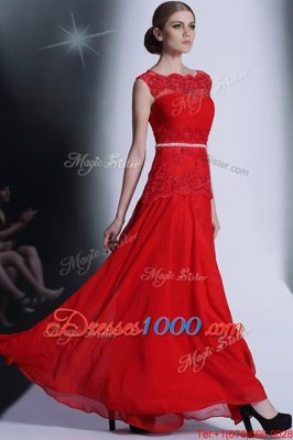 Clearance Scalloped Sleeveless Prom Party Dress Floor Length Beading and Lace Red Chiffon