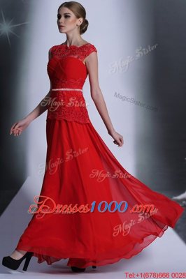 Clearance Scalloped Sleeveless Prom Party Dress Floor Length Beading and Lace Red Chiffon