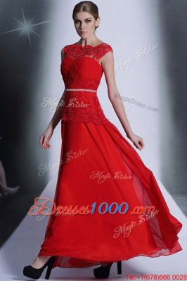 Clearance Scalloped Sleeveless Prom Party Dress Floor Length Beading and Lace Red Chiffon