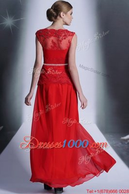 Clearance Scalloped Sleeveless Prom Party Dress Floor Length Beading and Lace Red Chiffon