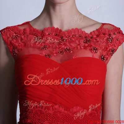 Clearance Scalloped Sleeveless Prom Party Dress Floor Length Beading and Lace Red Chiffon
