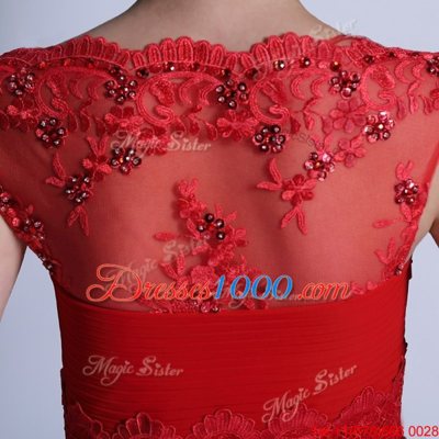 Clearance Scalloped Sleeveless Prom Party Dress Floor Length Beading and Lace Red Chiffon