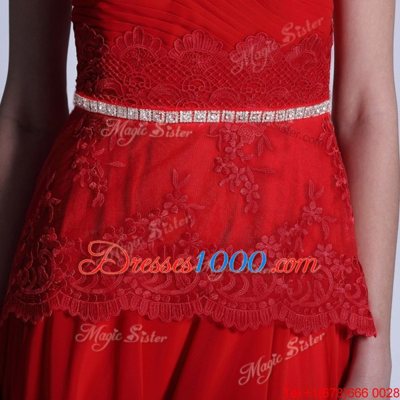 Clearance Scalloped Sleeveless Prom Party Dress Floor Length Beading and Lace Red Chiffon