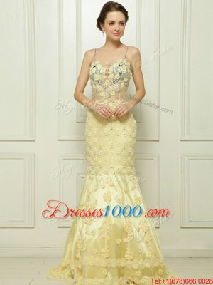 Pretty Mermaid Beading and Hand Made Flower Prom Evening Gown Light Yellow Side Zipper Sleeveless With Brush Train