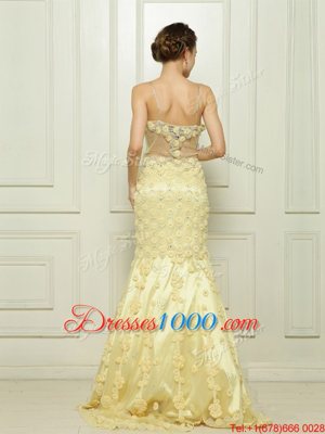 Pretty Mermaid Beading and Hand Made Flower Prom Evening Gown Light Yellow Side Zipper Sleeveless With Brush Train