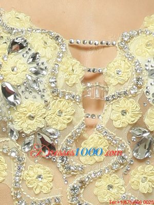 Pretty Mermaid Beading and Hand Made Flower Prom Evening Gown Light Yellow Side Zipper Sleeveless With Brush Train