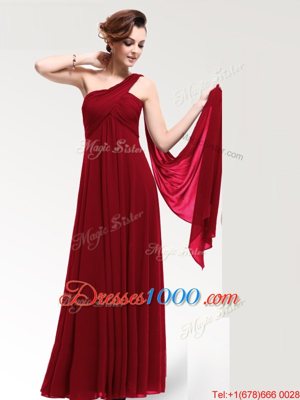 On Sale One Shoulder Wine Red Zipper Prom Party Dress Ruching Sleeveless Floor Length