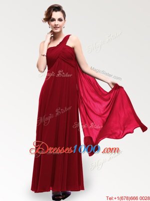 On Sale One Shoulder Wine Red Zipper Prom Party Dress Ruching Sleeveless Floor Length
