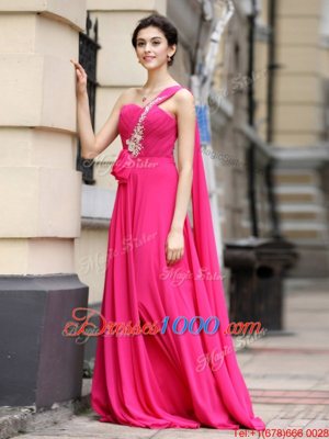 Custom Fit One Shoulder With Train Column/Sheath Sleeveless Hot Pink Prom Dresses Brush Train Zipper