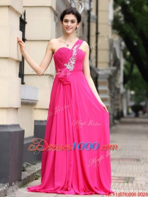 Custom Fit One Shoulder With Train Column/Sheath Sleeveless Hot Pink Prom Dresses Brush Train Zipper