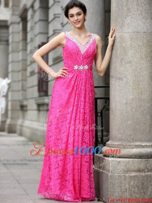 Floor Length Zipper Homecoming Dress Hot Pink and In for Prom and Party with Beading and Lace