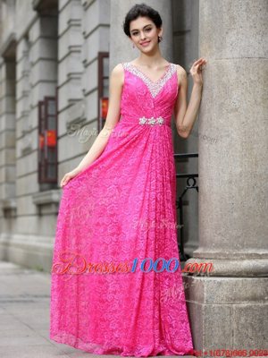 Floor Length Zipper Homecoming Dress Hot Pink and In for Prom and Party with Beading and Lace