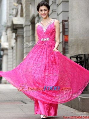 Floor Length Zipper Homecoming Dress Hot Pink and In for Prom and Party with Beading and Lace