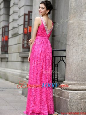 Floor Length Zipper Homecoming Dress Hot Pink and In for Prom and Party with Beading and Lace